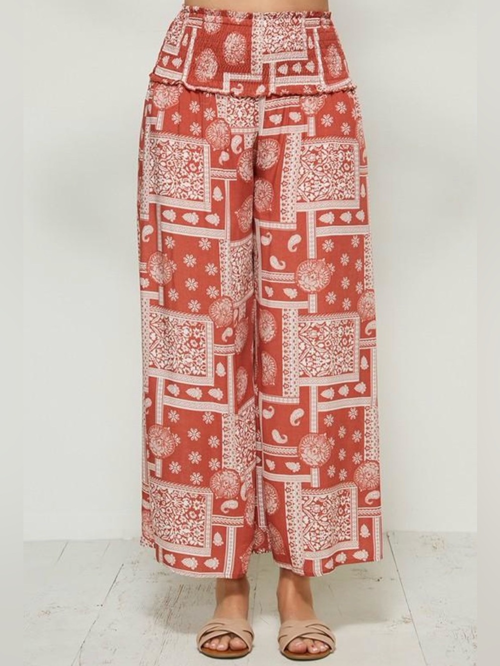 Boutique Brand, Mittoshop, Smocked Waist Boho Wide Leg Pants in Dusty Rose Print